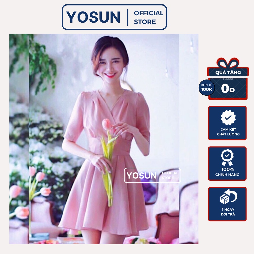 Đầm Nữ Dạo Phố Cổ V Đắp Chéo Ngực Thắt Nơ Sau Eo Thanh Lịch, Đầm Nữ Form Ngắn Xếp Li Màu Hồng