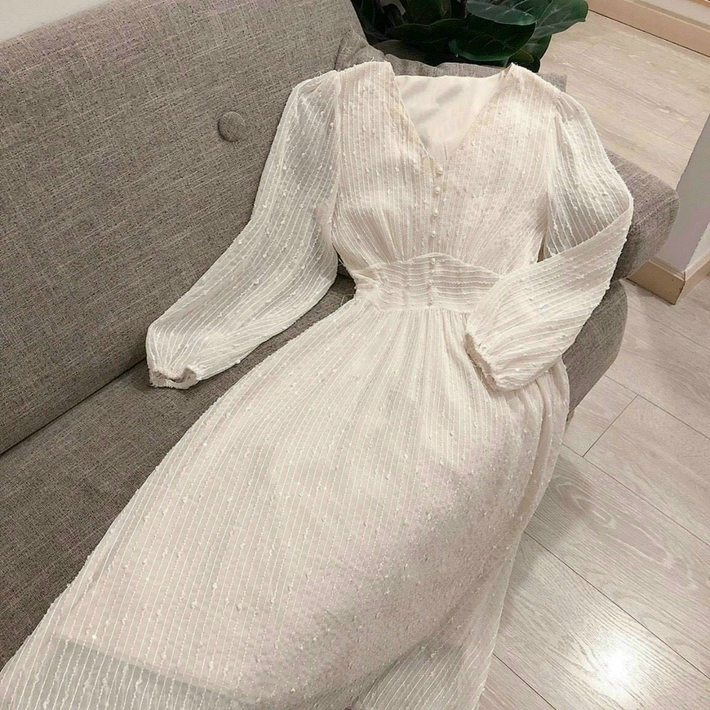 Váy thiết kế,váy dự tiệc dáng xòe cổ tim tay dài chất liệu ren thêu nhũ full 2 lớp tiểu thư dạo phố XM Minh Phúc