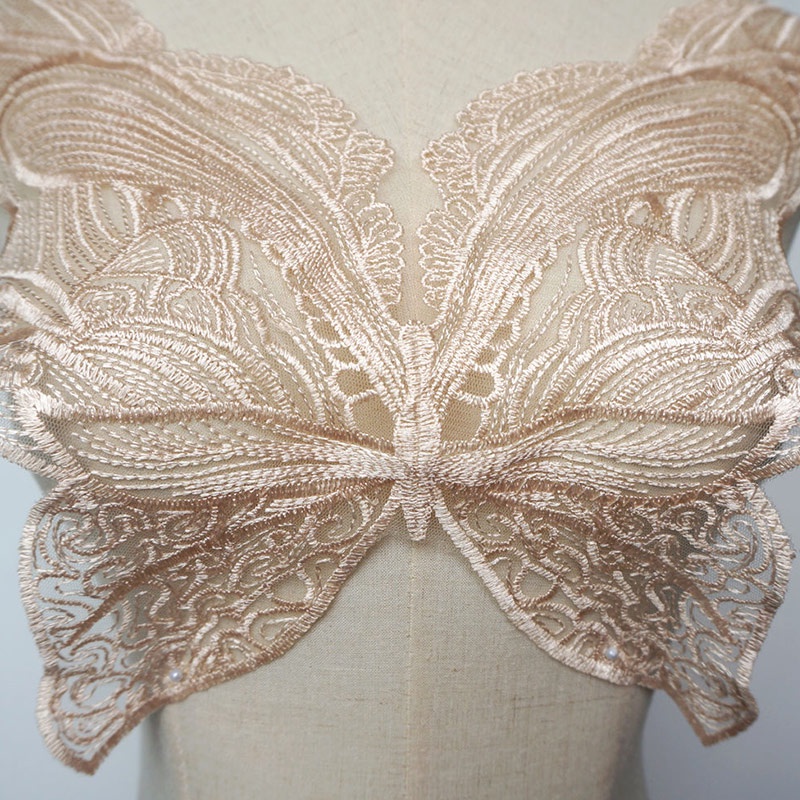 Miếng Vải Lụa Polyester Phối Ren Thêu Hình Bướm Dùng May Đầm DIY