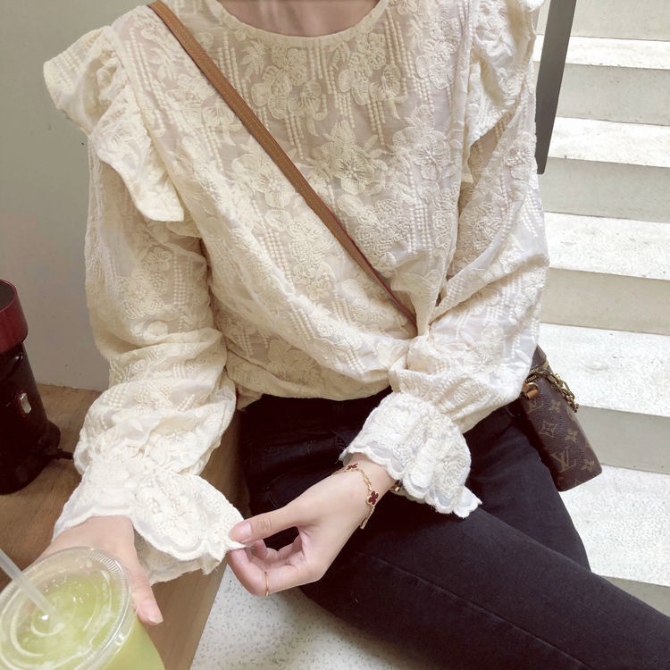 Trendy Trumpet Sleeve Lace Lace Shirt for Women 2022 Spring New Retro Sweet Long Sleeve Lace Top Ins Fashion