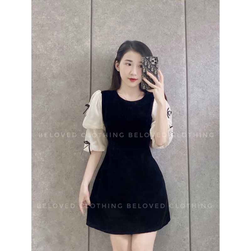 Váy Nhung Đen Tay Bồng Đính Nơ Chuẩn From có lót quần