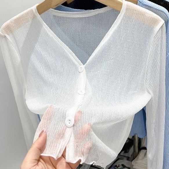 (Hàng Có Sẵn) Áo Thun Lụa Lạnh Mỏng Chống Nắng Mùa Hè Cổ Chữ V - Áo Khoác Ngắn Chống Bỏng Cho Nữ