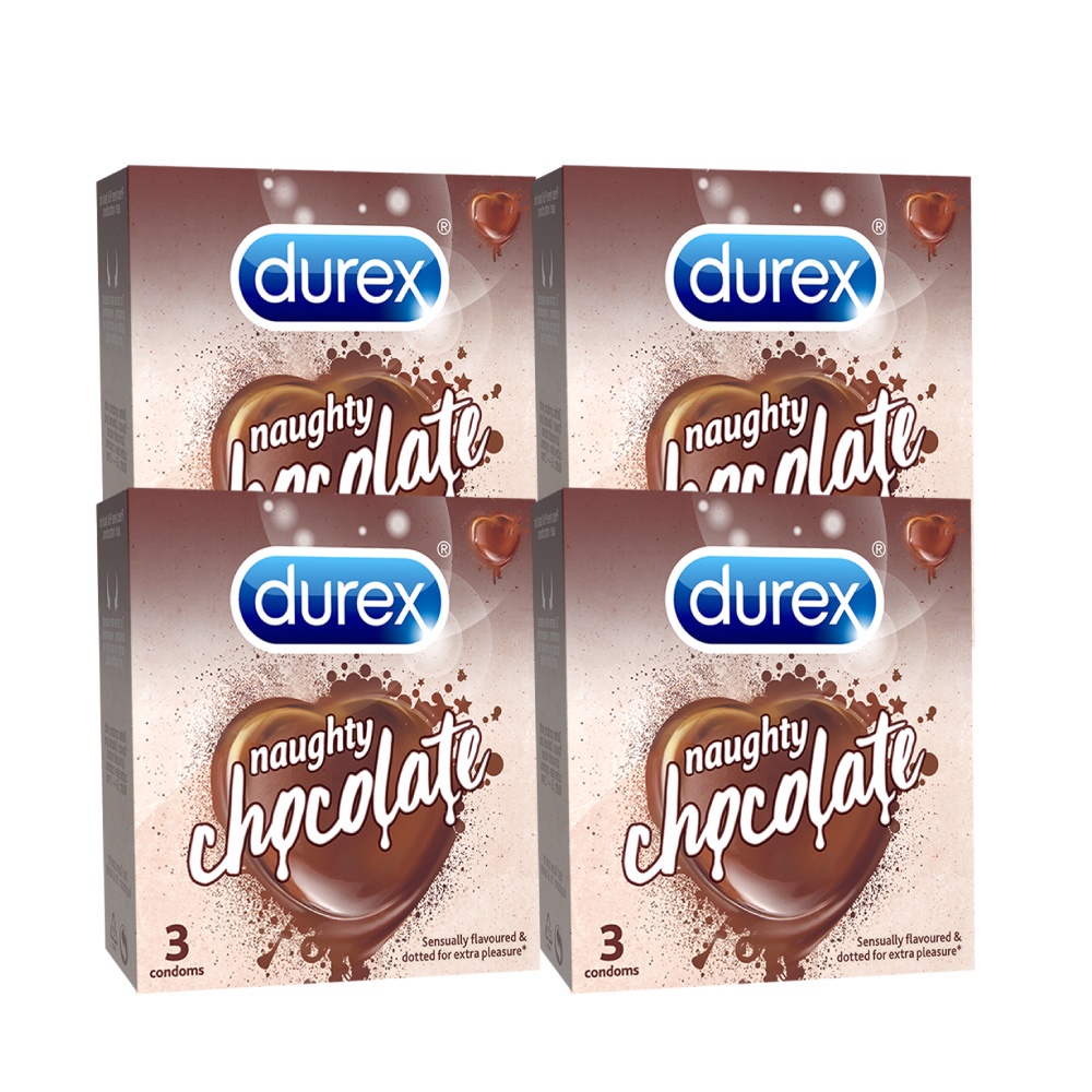 Bộ 4 hộp bao cao su Durex Naughty Chocolate hương socola (size 53mm, 3 bao/hộp) 