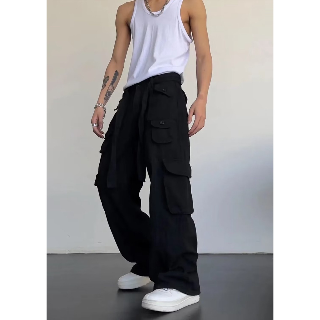 Quần túi hộp nam cao cấp quần nam Hip Hop quần ống rộng retro Màu xanh lá cây cargo pants Nam Nữ