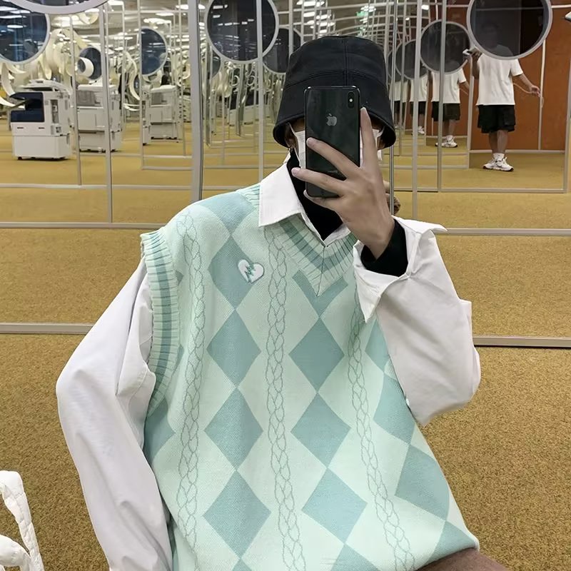 Áo Sweater Không Tay Họa Tiết Kim Cương Phong Cách Đường Phố Mùa Thu 2022 Mới Cho Nam