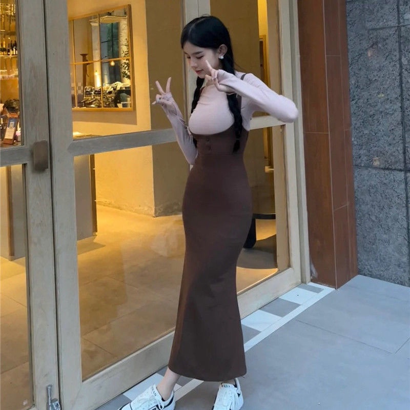 COZOK Set Áo Thun Tay Dài + Đầm Hai Dây Thời Trang Nữ