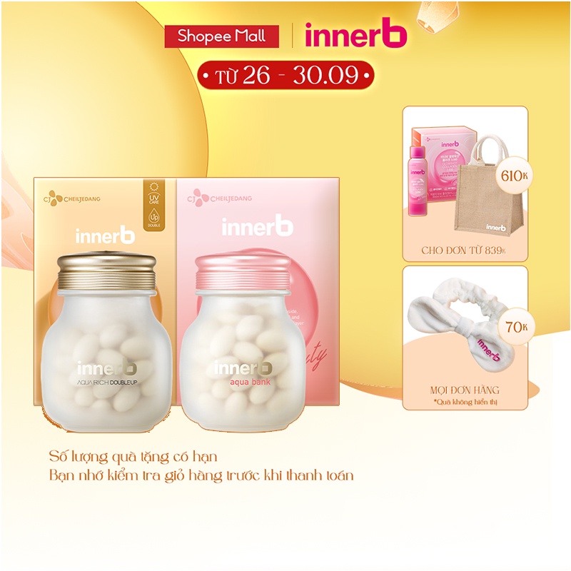 Bộ đôi thực phẩm bảo vệ sức khỏe giữ ẩm da sáng mịn InnerB Aqua Rich Doubleup và InnerB Aqua Bank