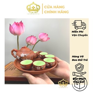 Bộ ấm chén uống trà bát tràng cao cấp, bộ ấm trà gốm sứ - trường sa hoa mai kèm khay