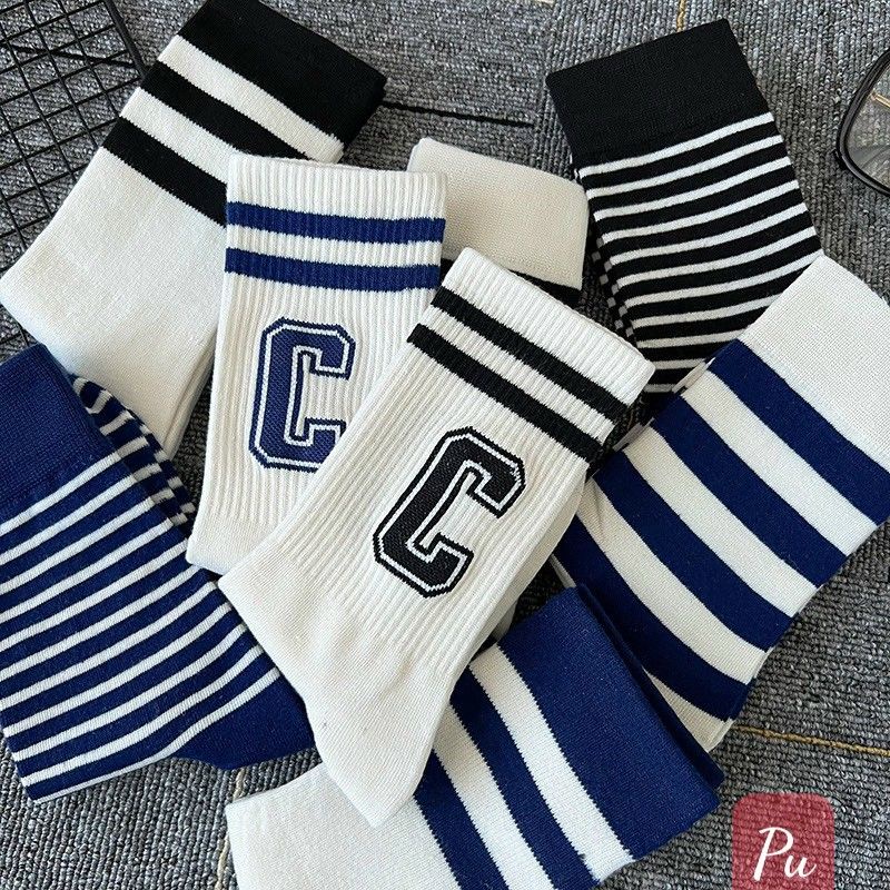 Set 10 Tất Thể Thao Họa Tiết Kẻ Sọc In Chữ C Màu Xanh NaVy Thời Trang Đường Phố Hàn Quốc