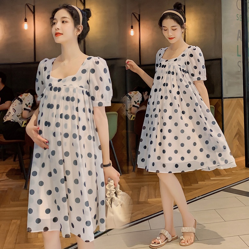 Váy suông bầu chấm bi dành cho bầu và không bầu, Chất voan lụa mềm mại không nhăn, mặc mát, thoải mái A028