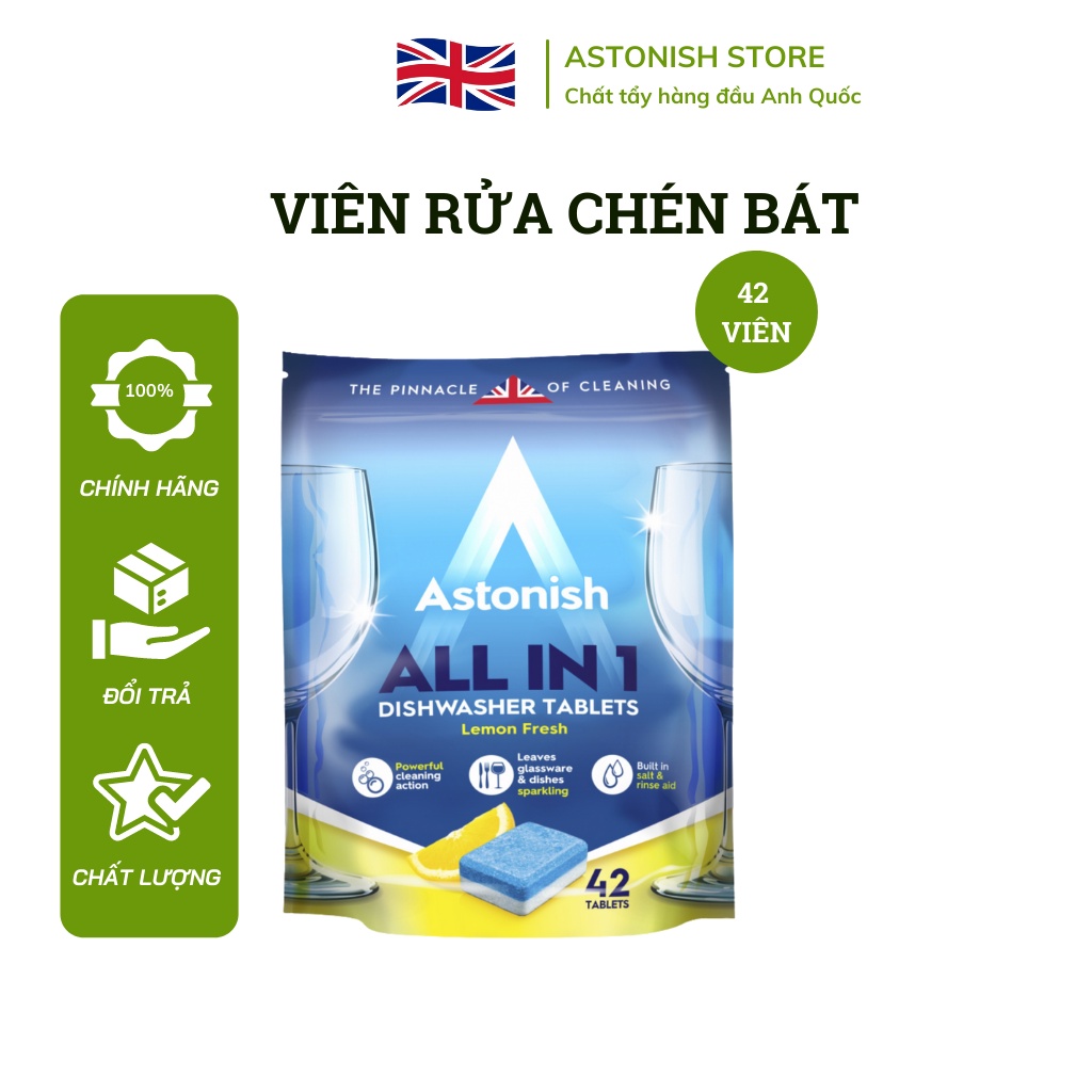 Viên rửa chén bát hữu cơ sinh học kết hợp muối và chất làm bòng để tẩy sạch dầu mỡ loại bỏ cặn canxi cặn vôi... Astonish