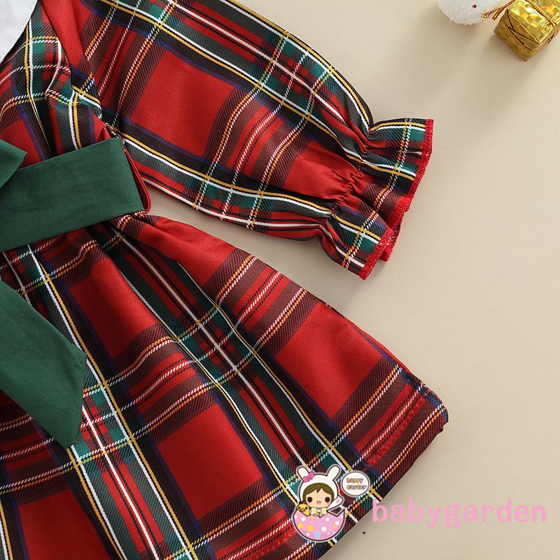 Đầm Sơ Mi Tay Dài Cổ Bẻ Phối Bèo Họa Tiết Kẻ Sọc Caro Phong Cách Giáng Sinh Thời Trang Thu Đông Cho Bé Gái