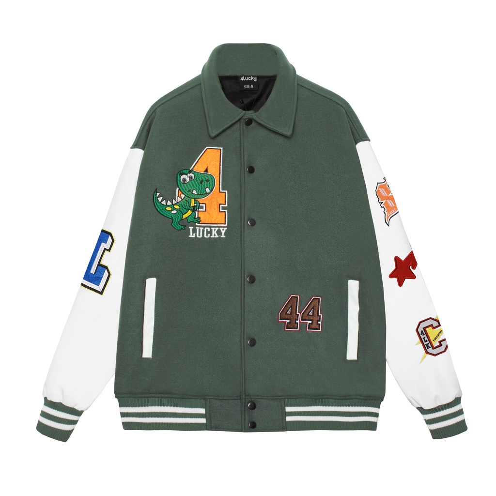 Áo khoác bomber unisex 4lucky 6113, varsity form rộng chất dạ phối da