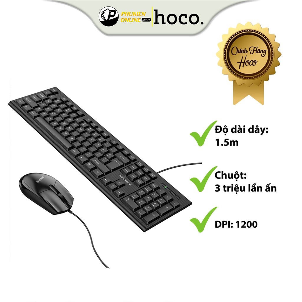 Bộ Bàn Phím Và Chuột Máy Tính Có Dây Hoco Borofone BG6, Chất Liệu ABS Cao Cấp, Độ Nảy Thích Hợp, Độ Nhạy Của Chuột Cao.