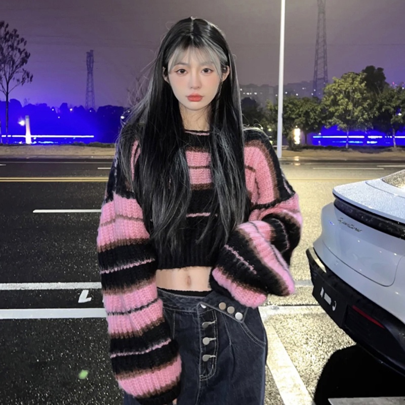 QADCOL Áo sweater Dệt Kim Tay Ngắn Dáng Rộng Họa Tiết Kẻ Sọc Thời Trang Hàn Quốc Cho Nữ