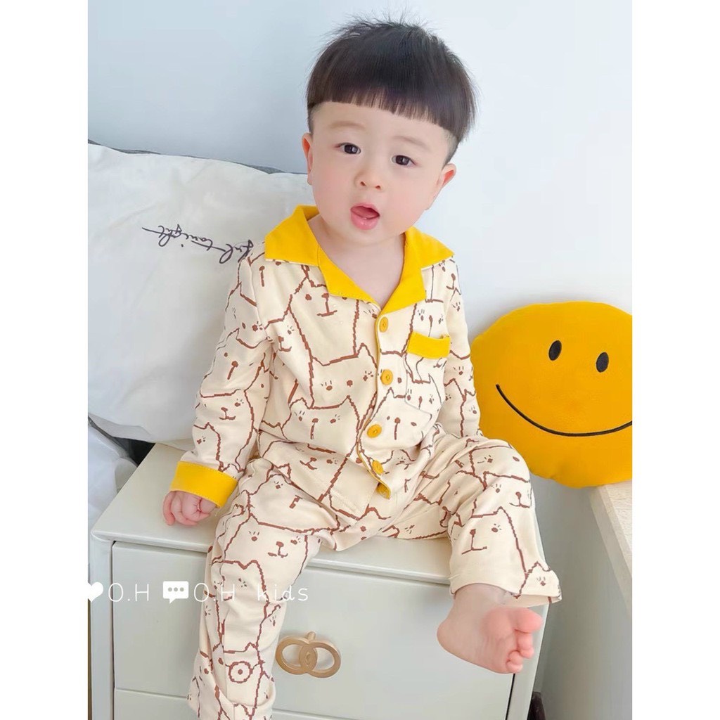 BỘ PIJAMA CHẤT ĐŨI IN MẶT MÈO CHO BÉ TRAI BÉ GÁI XINH XẮN SIZE 9-19KG