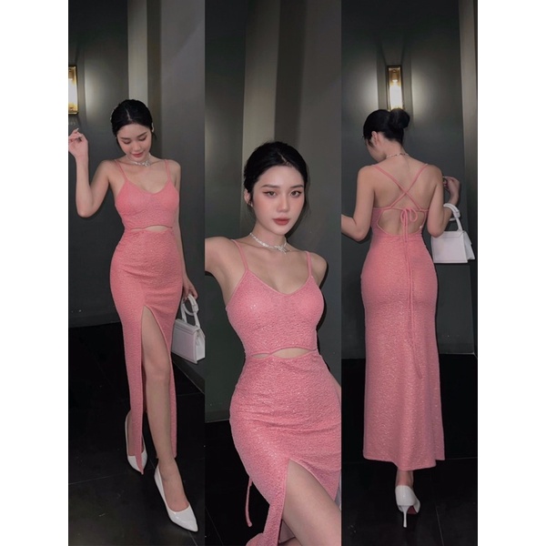 (Hinh thật sản phẩm) Đầm body dài 2 dây hở lưng cột dây cutout pink bling Yn HM2T