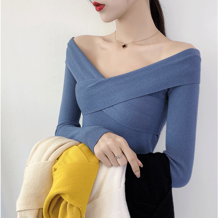 Áo Croptop Dệt Kim Cổ Chữ V Màu Sắc Đơn Giản Quyến Rũ Cho Nữ