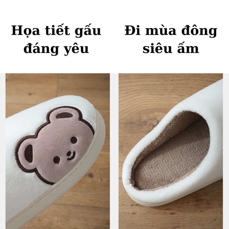 Dép bông đi trong nhà mùa đông hình gấu đế cao su êm chân dép lông siêu ấm
