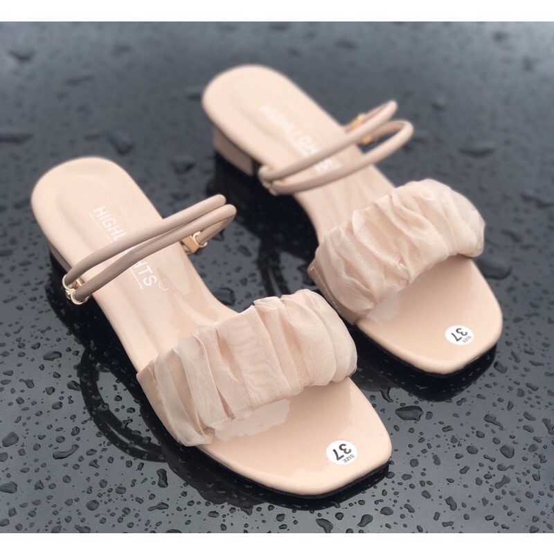 Guốc nữ mang 2 kiểu quai nhún voan, giày sandal cao gót