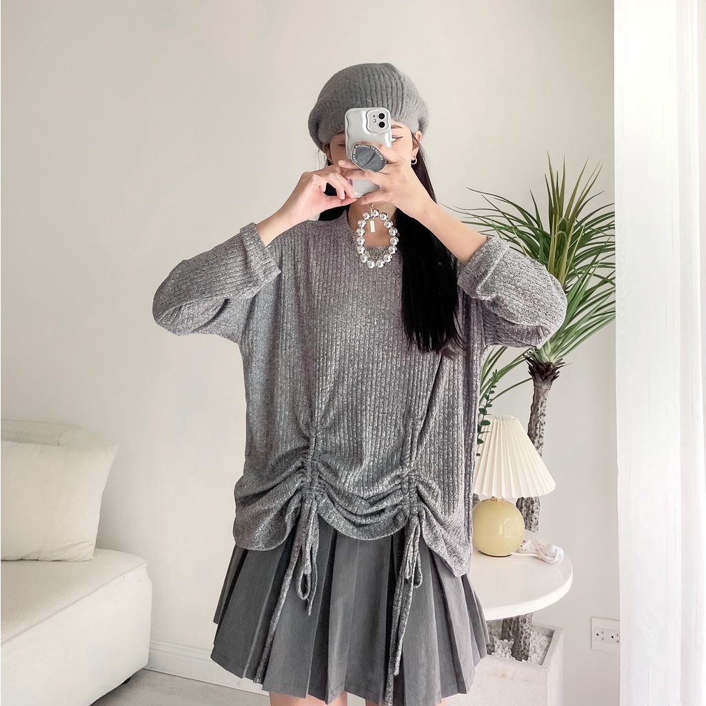 SS0347 Áo nữ chất vải len mềm mịn rút dây nhiều màu