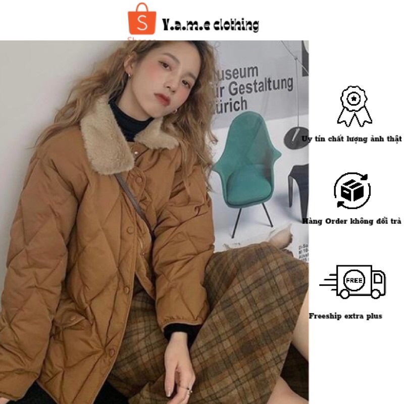 Áo khoác phao mỏng mùa đông cổ lông có túi màu trắng đen nâu hàng quảng châu loại 1 yameclothing