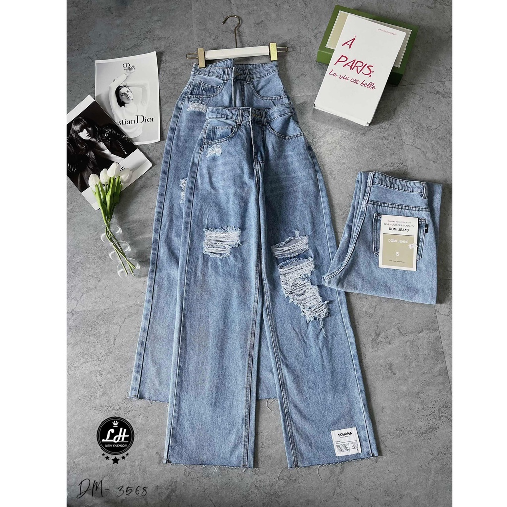 Quần jean nữ ống rộng, quần bò lưng cao màu xanh rách tua rua 2 gối xả lai có tag Lê Huy Fashion MS 3568 | BigBuy360 - bigbuy360.vn