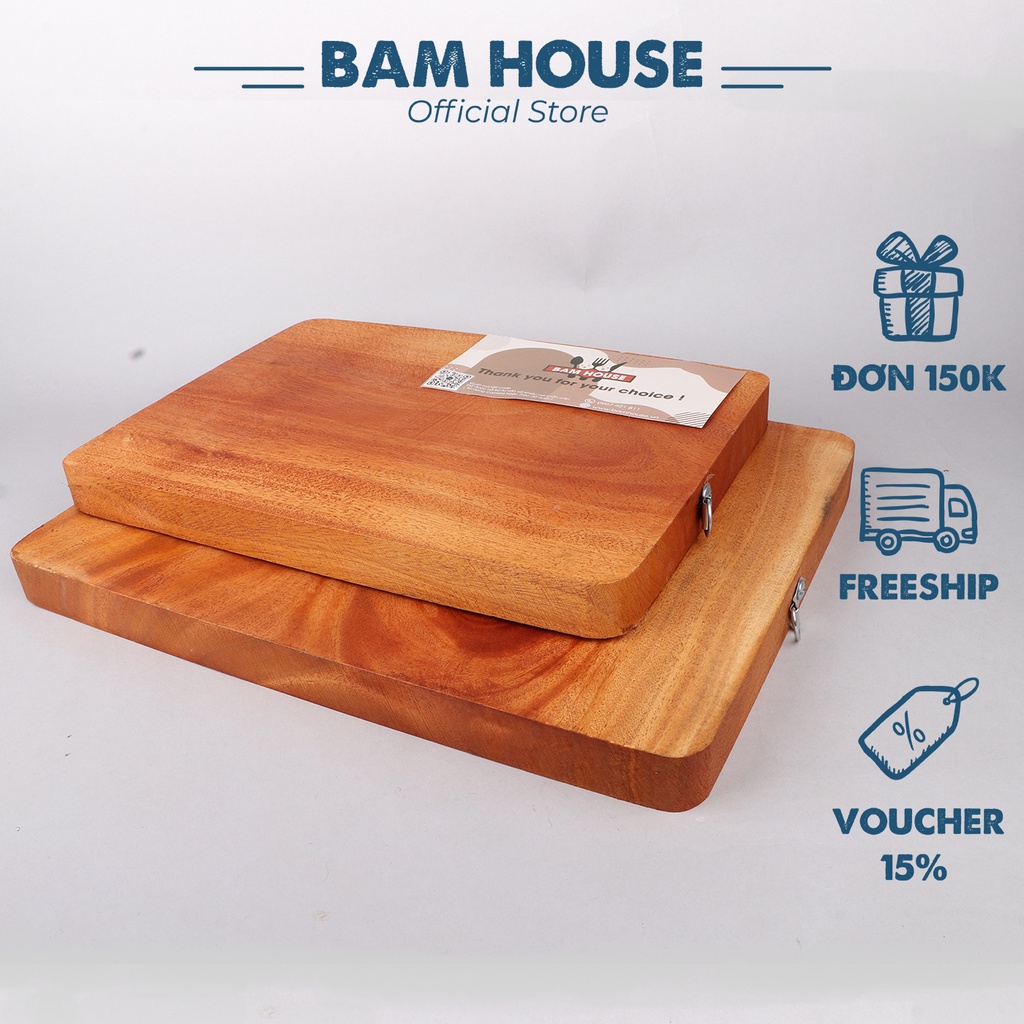 Thớt gỗ hình chữ nhật Bam House chất gỗ xà cừ dày 2,6cm có móc treo cao cấp TGCN02