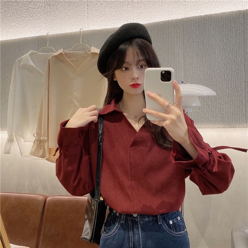 Áo Sơ Mi Tay Dài Phối Dây Rút Thiết Kế Mới Trẻ Trung Cá Tính Dành Cho Nữ