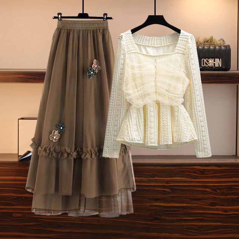 Bộ Áo Cổ Vuông Phối Ren + Chân Váy midi Ôm Dáng Cỡ Lớn Thời Trang Cho Nữ