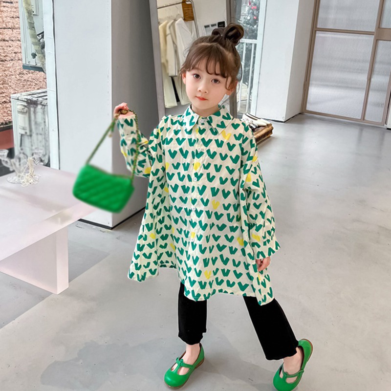 Đầm Sơ Mi Tay Dài In Họa Tiết Trái Tim Phong Cách Hàn Quốc Thời Trang Xuân Thu Xinh Xắn Cho Bé Gái
