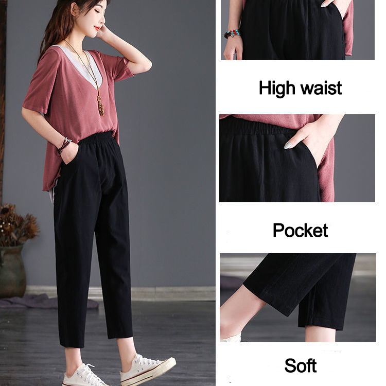 Quần Harem Chất Cotton Phối Túi Lưng Thun Co Giãn Thoải Mái