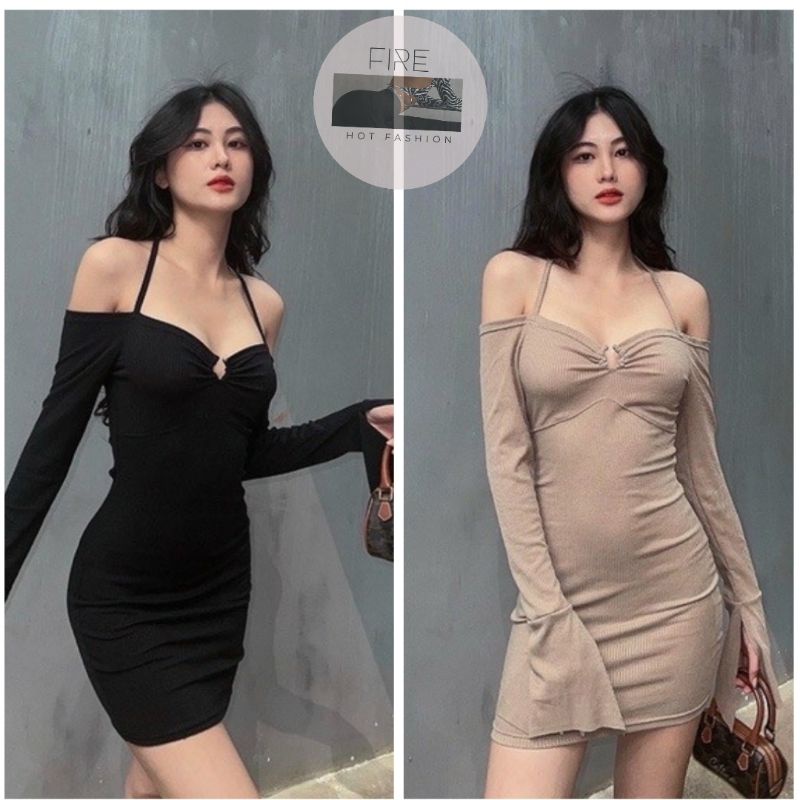 Đầm body đầm tay loe trễ vai cột dây khoen tròn (Giá sỉ) Fire.vn