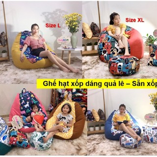 Ghế hạt xốp dáng lê, size toXL, có sẵn xốp, vải thô hàn mát có họa tiết mix màu- có sẵn xốp
