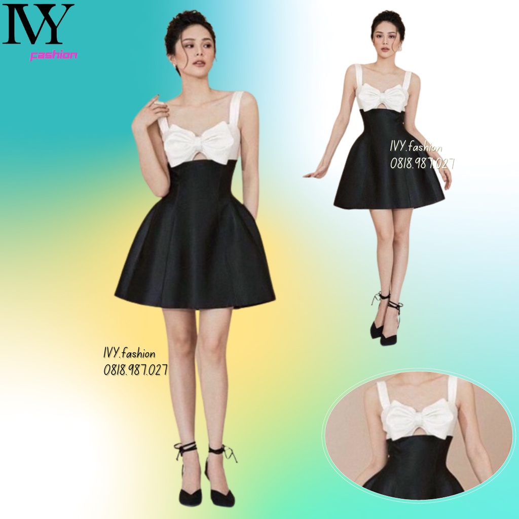 Đầm váy thiết kế 🔥tafta mút ngực🔥 đính nơ khoét ngực 2 dây đen trắng xoè ivy.fashion đi biển dự tiệc dạo phố bigsize gợ