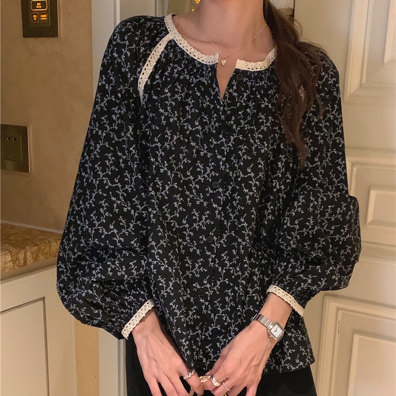 Áo sơ mi SUXI tay dài dáng rộng họa tiết hoa cổ điển phong cách Hàn Quốc thời trang dành cho nữ