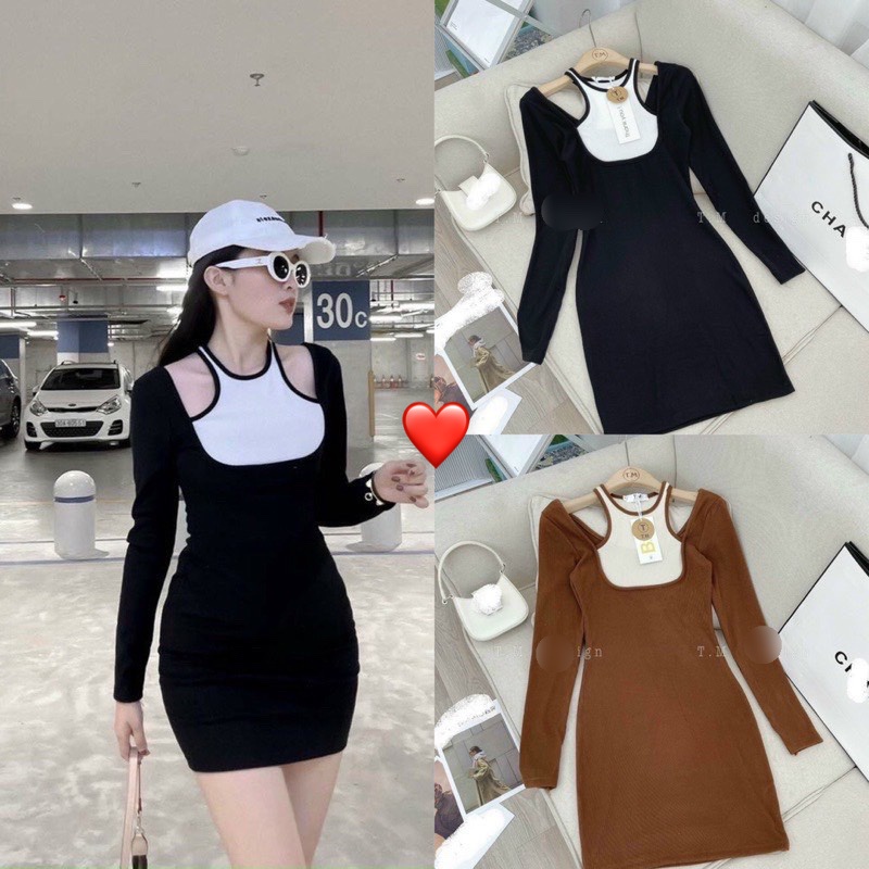 Đầm tay dài phối yếm bản cổ 2 màu ôm body khoét hở vai cực xinh , chất thun gân mềm mịn