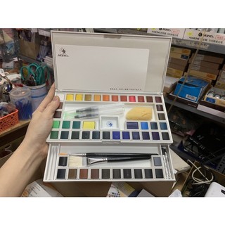 Màu nước viên nén maries water colour 18/24/36/48 màu kèm cọ + mút + khay pha màu