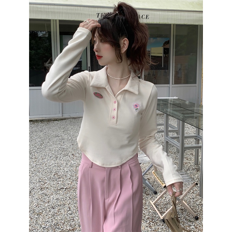 Áo Thun Tay Dài Dáng Ngắn Form Ôm Thêu Họa Tiết Thời Trang Mùa Thu Cho Nữ