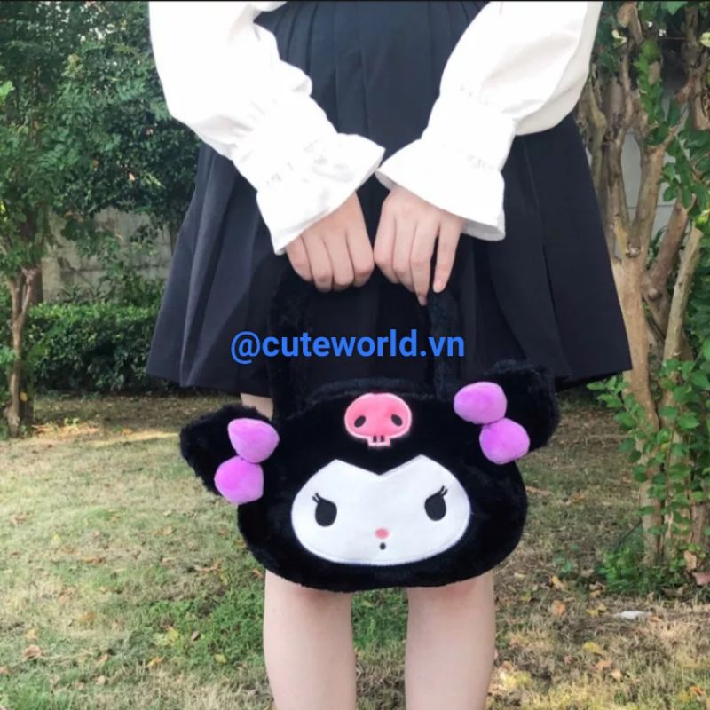 Túi xách Mèo Kuromi Nơ Tím Phối Lông