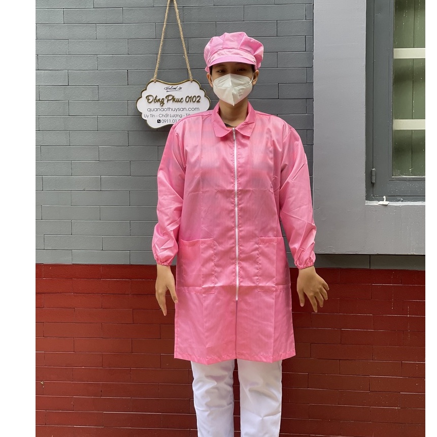 Áo blouse vải phòng sạch chống tĩnh điện màu hồng - giặt sử dụng nhiều lần