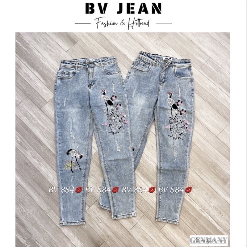 Quần Jean Baggy Nữ Thêu Hoạ Tiết Cò BV JEAN Quần Baggy Nữ Cạp Lưng Cao Thêu