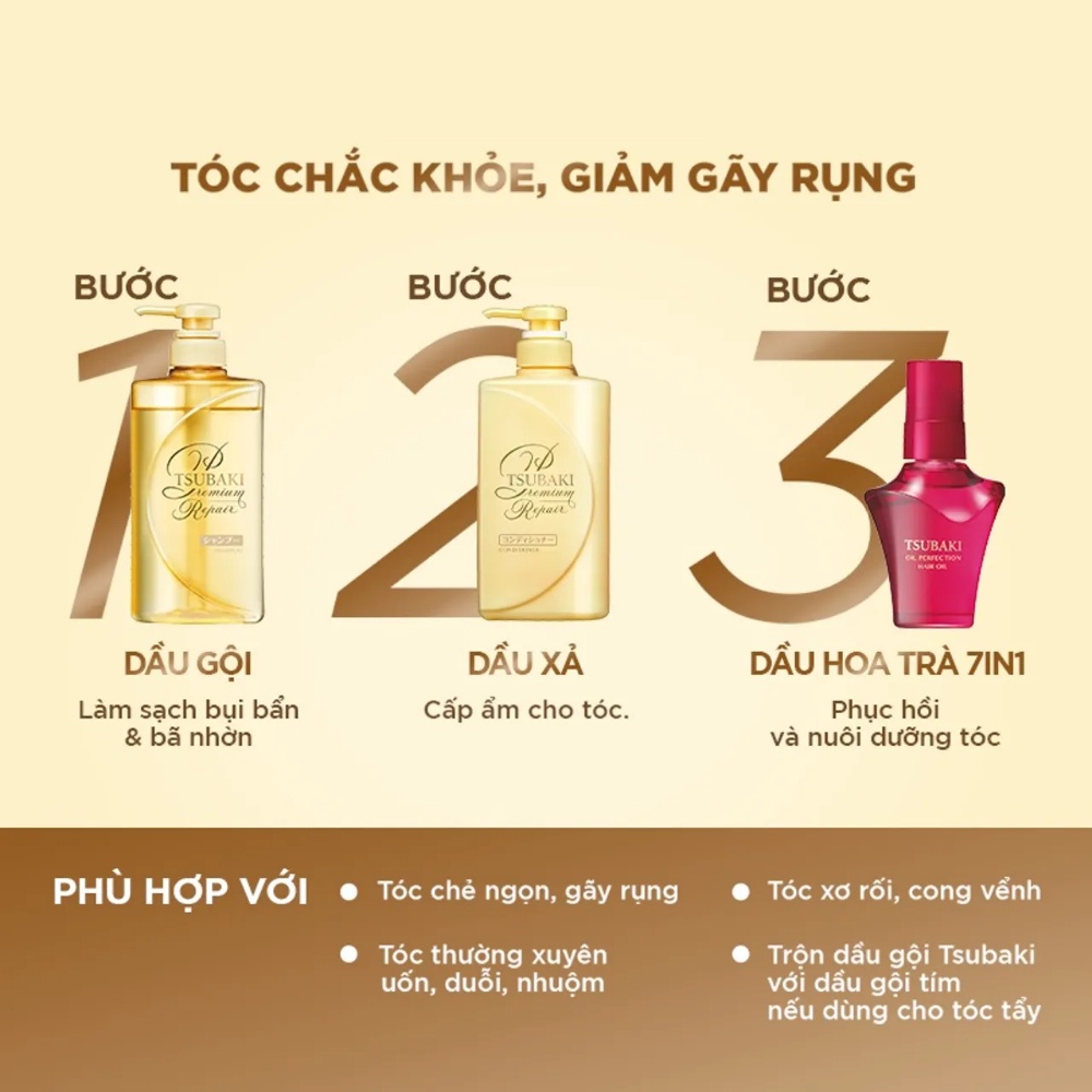 Tsubaki. Bộ đôi gội xả và Dầu dưỡng tóc phục hồi ngăn rụng tóc Premium Repair (490ml + 490ml + 50ml)