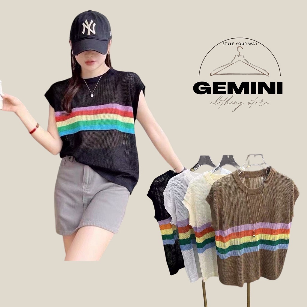 Áo len lưới dệt kim tay hến mix sọc cầu vồng Quảng Châu siêu hot, dáng rộng thoáng mát - Gemini Clothing Store