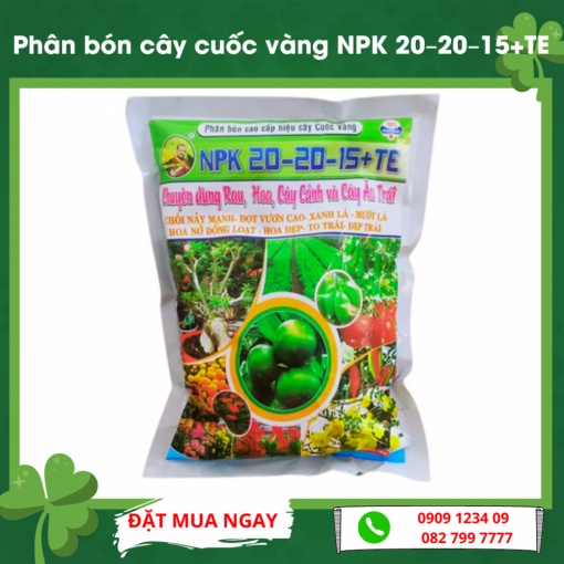 Phân bón NPK 20-20-15 gói 1kg dùng cho Hoa kiểng và rau củ (cây cuốc vàng) - Green City