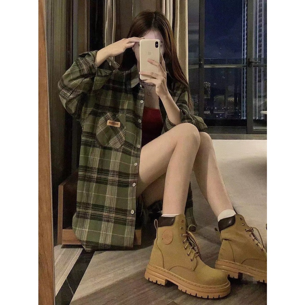 Áo sơ mi công sở nữ Áo Khoác Dáng Rộng Kẻ Sọc Caro Xanh Lá Phong Cách Mới Dễ Phối Đồ Cho Nữ Sinh