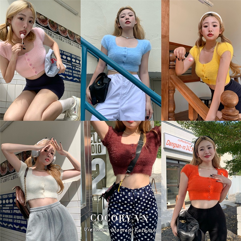 Cocory vn Áo Cardigan Len Dệt Kim Cổ Vuông Ngắn Tay Thời Trang Mùa Hè 7 Màu Dành Cho Nữ