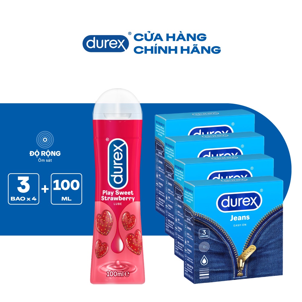 Combo 4 hộp Bao cao su Durex Jeans 3s (3 bao/hộp) và 1 chai Gel Strawberry 100ml