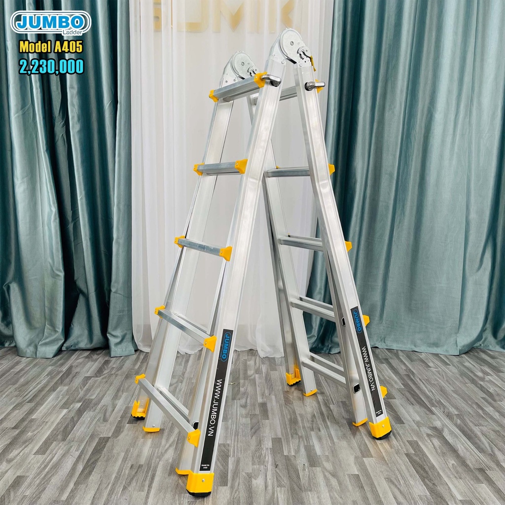 Thang nhôm gấp trượt chữ A mở rộng Jumbo A405 & Sumika SKM405 tải trọng 300kg bảo hành 2 năm, thang sửa chữa điện lạnh