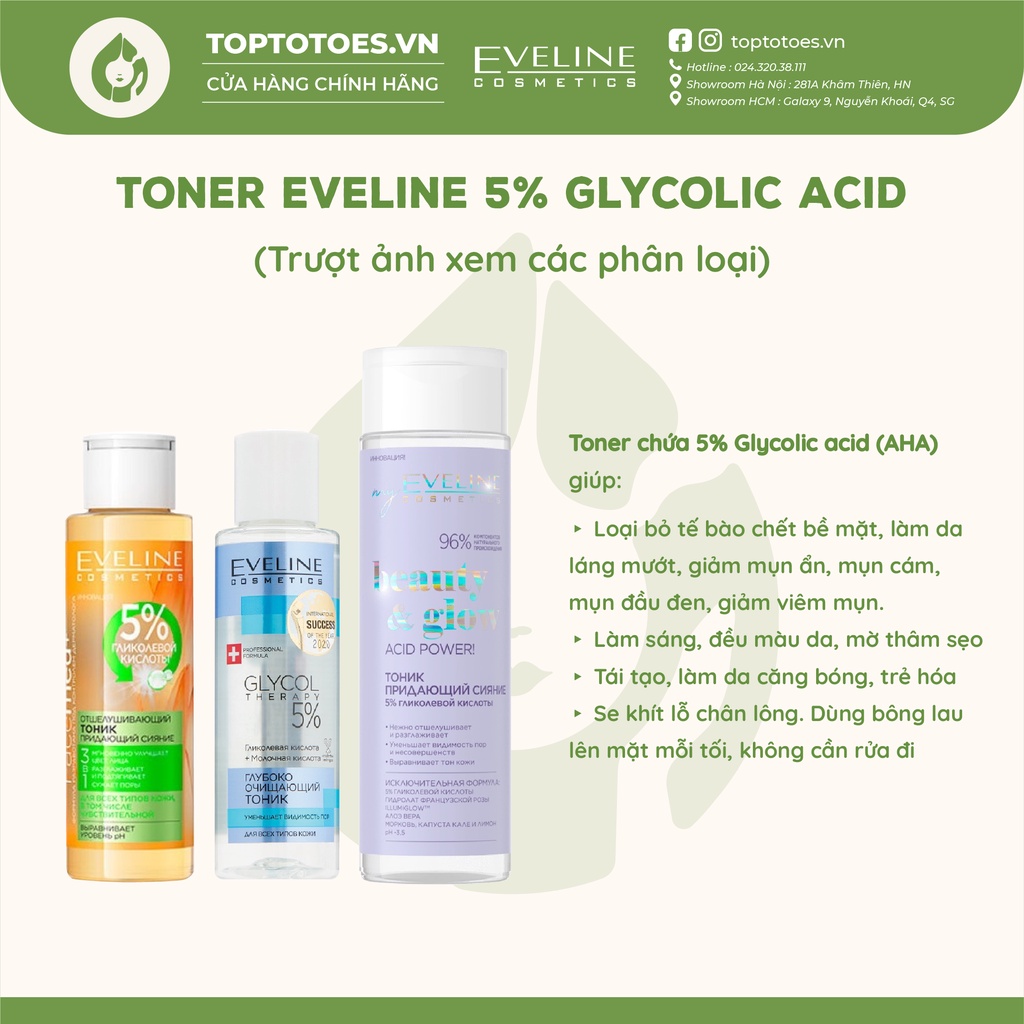 Toner Eveline 5% Glycolic acid làm da căng bóng, sáng mịn, mờ thâm sạm